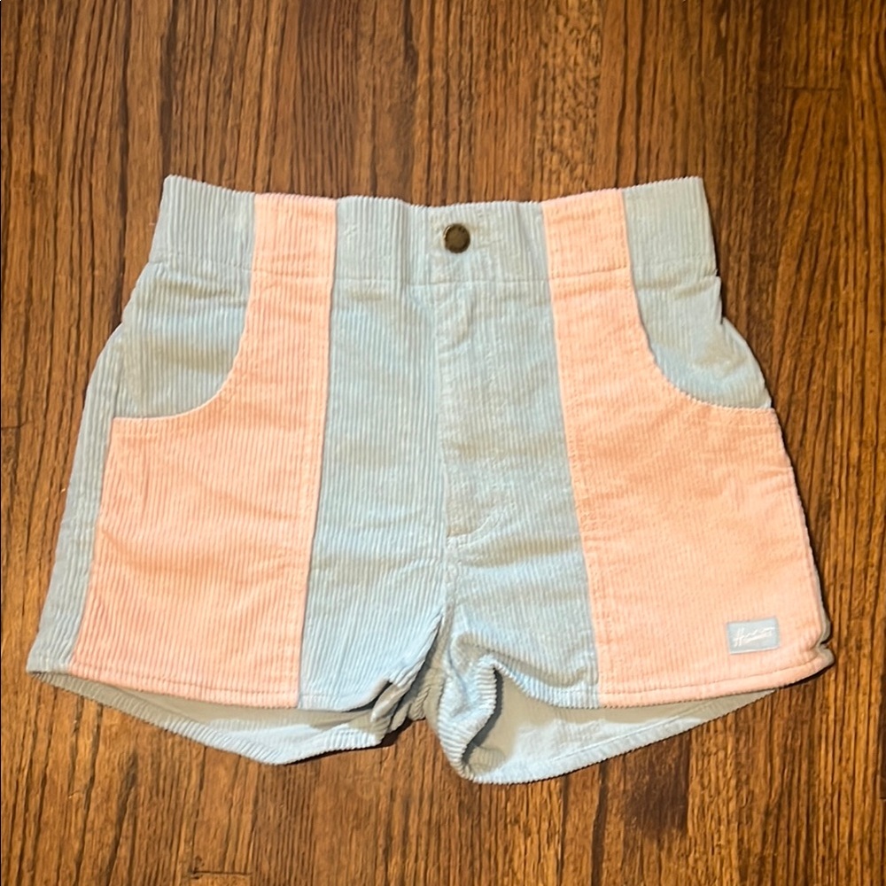High-Waist Colorblock Corduroy Shorts - Light Blue & Peach